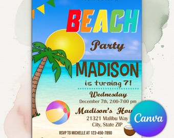 Beach Party Birthday Invitation, Beach Party Invitation, Summer Party Invitation, Pool Party Invite, Ocean Theme, Editable Canva Template
