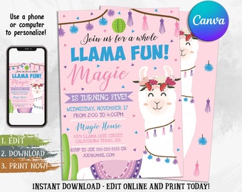 Llama Birthday Invitation, Llama Party Invitation, Editable Llama Invitation, Digital Editable Printable