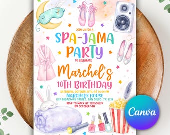Spa Jama Party Birthday Invitation, Sleepover Party Invite, Pink Girl Spa Tween Teen, Instant Download, Editable Canva Template