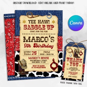 Convite digital de aniversário de cowboy, convite de aniversário de cowboy, convite de aniversário de criança, convite de aniversário de menino, convite de aniversário de menina, editável no Canva