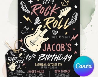 Rock and Roll Birthday Invitation, Music Party Invite, Rock Star Birthday Theme, Teen Boy Rockstar Party, Editable Canva Template