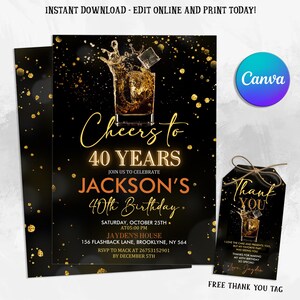 Invitación de cumpleaños de whisky, fiesta sorpresa, invitación a fiesta de cumpleaños de adultos, 30, 40, 50 años, licor escocés de coñac, plantilla de Canva editable