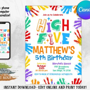 High Five Birthday Invitation, Modern Party Invite, Colorful Birthday Party Invitation, Hi-Five 5th Birthday Invitation, Instant Download