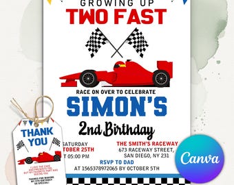 Two Fast Birthday Invitation, Race Car 2nd Birthday, Two Fast 2 Curious Race Car Invite, 2nd Birthday Invitation, Editable Canva Template