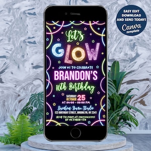 Digital Glow Birthday Party Invitation, Electronic Glow in the dark party e invite, Instant download template mobile