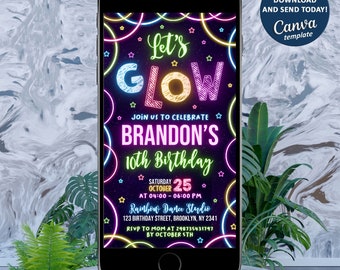 Digital Glow Birthday Party Invitation, Electronic Glow in the dark party e invite, Instant download template mobile