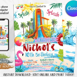 Waterslide Birthday Invitation, Water Slide Party Invite, Boy Girl Splash Party Invite, Summer Pool Party Invite, Waterslide Bash, Canva