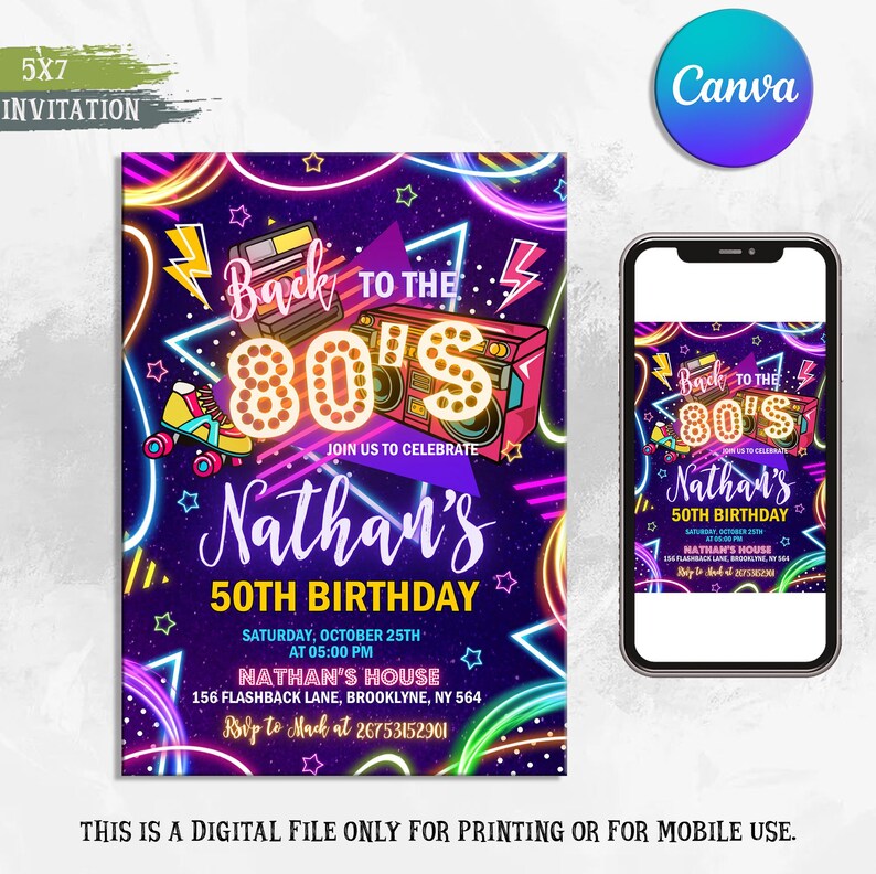 Editable 80s Birthday Party Invitation, Back To The 80s, Throwback Party, Neon Party, Glow Dance, 2000s Birthday, All text is Editable, 80s Birthday Party,80s Party,80s Invitation,80s Party Invitation,80s Birthday,Y2k Invitation,Neon Party,80s Invite,Glow Party,Disco Party,Retro Invitation,90S Birthday,80s Dance Party