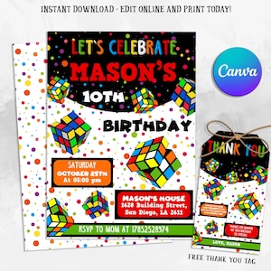 Pode incluir: Um convite de aniversário imprimível com um tema de cubo de Rubik colorido. O convite apresenta um fundo preto com pontos coloridos e o texto "Let's Celebrate Mason's 10th Birthday". O convite também inclui uma etiqueta de agradecimento com um design semelhante.