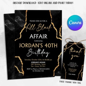 All Black Party Invitation, All Black Affair Invitation, Agate Birthday Invite, Editable Print at Home, Digital Invite, Text Invite