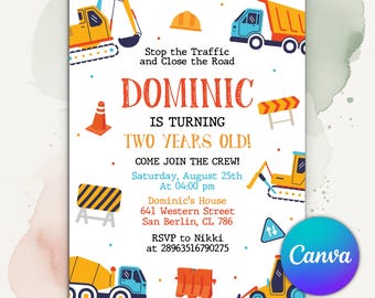 Editable Construction Invitation, Construction Birthday Invitation, Dump Truck Party Invite, Kids Invitation, Editable Canva Template