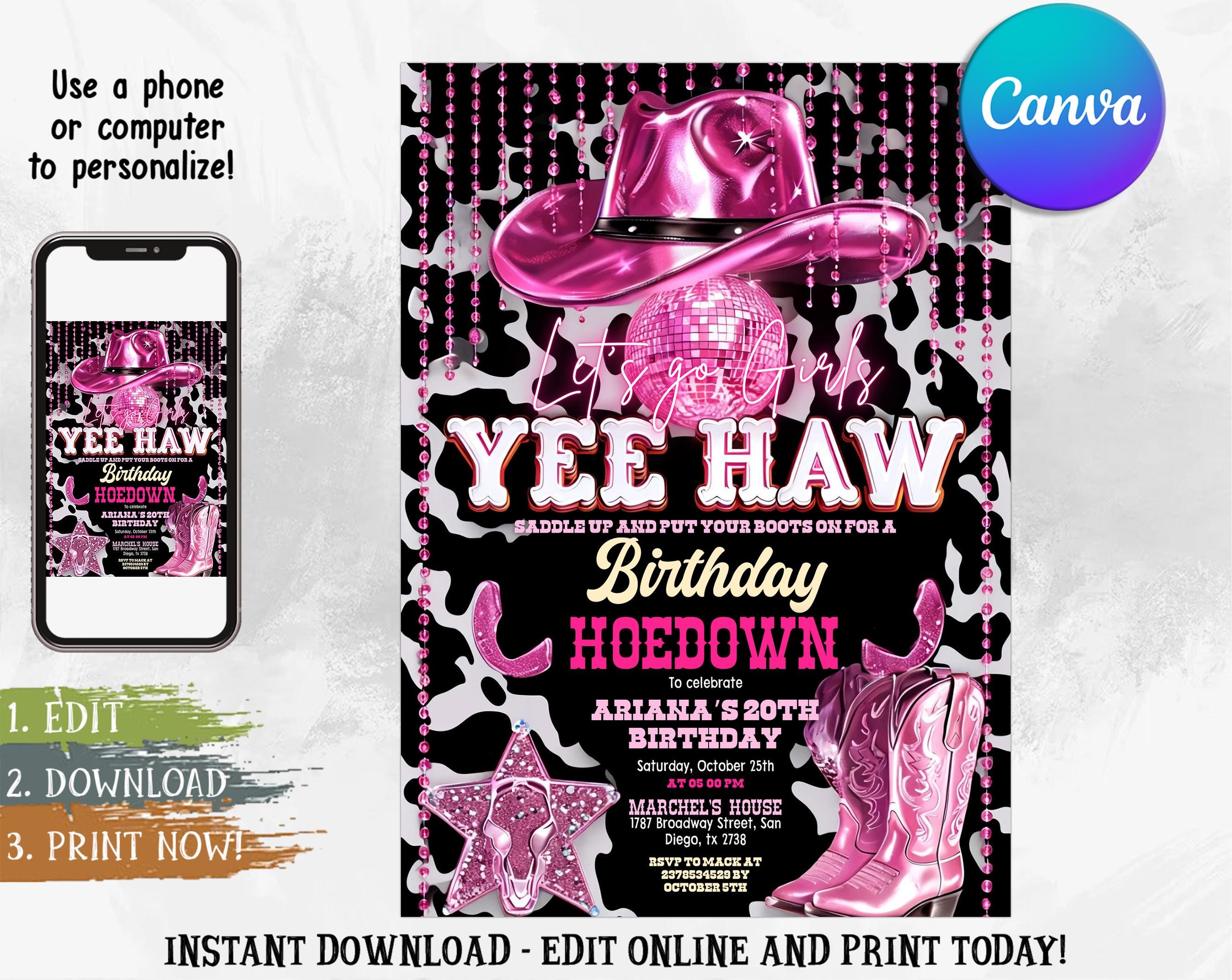 Pink Cowgirl Birthday Invitation, Country Western Invite, Cowgirl Hoedown Birthday Party Invite, Glam Invitation, Editable Canva Template