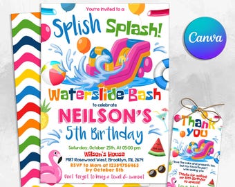 Water Slide Birthday Invitation, Summer Pool Party Invite, Water Slide Bash Invitation, Splash Birthday Invite, Instant Download