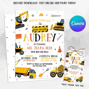 Editable Construction Invitation, Construction Birthday Party Invitation, Dump Truck, Excavator, Outdoor Birthday, Instant Download