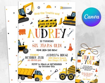 Invito modificabile per la costruzione, invito per festa di compleanno sulla costruzione, autocarro con cassone ribaltabile, escavatore, compleanno all'aperto, download immediato