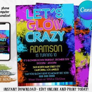 Editable Glow Birthday Invitation: Neon Rainbow Party (Digital Download)