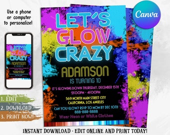 Editable Glow Birthday Invitation: Neon Rainbow Party (Digital Download)
