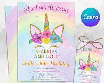 May include: A printable invitation for a 10th birthday party with a rainbow unicorn theme. The invitation features a unicorn with a sparkly gold horn and a flower crown. The text reads "Rainbows Unicorns Sparkles and Gold Malla's 10th Birthday".