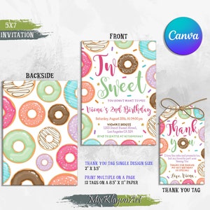 K&ouml;nnte beinhalten: Druckbare Einladung im Format 12,7x17,8 cm und Dankeskarte im Format 5x8,9 cm f&uuml;r eine Donut-Motto-Party zum zweiten Geburtstag. Die Einladung zeigt ein Donut-Muster mit Streuseln und den Text "Two Sweet" und "Viona's 2nd Birthday". Die Dankeskarte zeigt ein &auml;hnliches Donut-Muster mit dem Text "Thank You" und "Love, Viona".