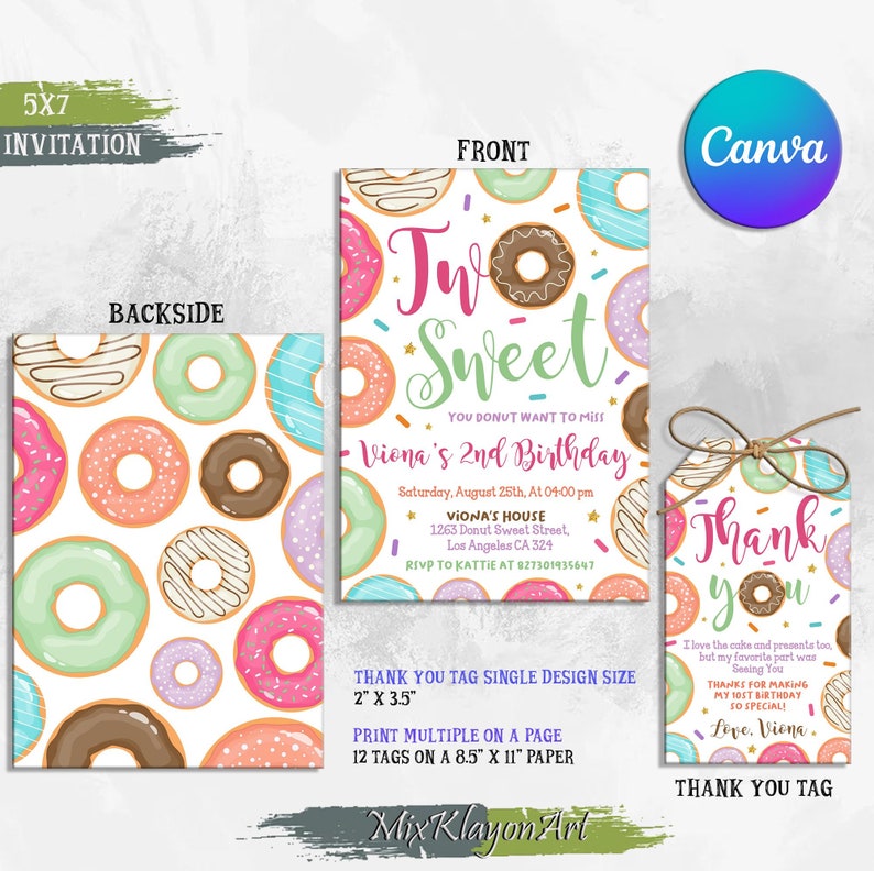 K&ouml;nnte beinhalten: Druckbare Einladung im Format 12,7x17,8 cm und Dankeskarte im Format 5x8,9 cm f&uuml;r eine Donut-Motto-Party zum zweiten Geburtstag. Die Einladung zeigt ein Donut-Muster mit Streuseln und den Text "Two Sweet" und "Viona's 2nd Birthday". Die Dankeskarte zeigt ein &auml;hnliches Donut-Muster mit dem Text "Thank You" und "Love, Viona".