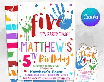 High Five Birthday Invitation, Colorful Birthday Invite, Girls 5th Painting Birthday, Printable Hi 5 Invite, Instant Download