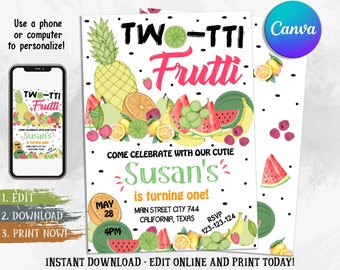 May include: A printable invitation for a first birthday party with a fruit theme. The invitation features a watercolor illustration of various fruits, including watermelon, pineapple, bananas, grapes, and limes. The text on the invitation reads "TWO-TTI Frutti Come Celebrate with our Cutie Susan's is turning one!" with the date, time, and location of the party.