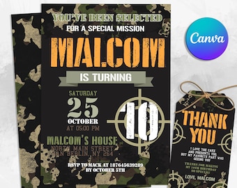 Army Birthday Party Invitation, Military Party Invitation, Soldier Birthday Invite, Camouflage, Any Age Invitation, Editable in Canva