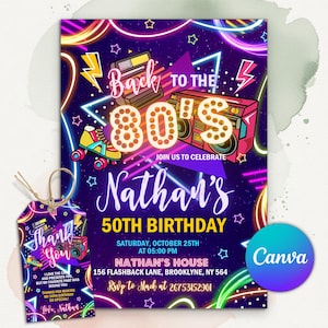 May include: A vibrant invitation and gift tag set for Nathan's 50th birthday, featuring a retro 80s theme. The design includes neon colors, a boombox, roller skates, and the text "Back to the 80's". The gift tag says "Thank You".