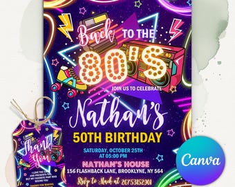 May include: A vibrant invitation and gift tag set for Nathan's 50th birthday, featuring a retro 80s theme. The design includes neon colors, a boombox, roller skates, and the text "Back to the 80's". The gift tag says "Thank You".