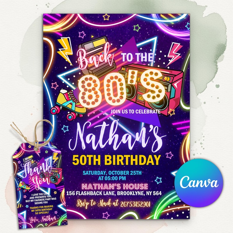 May include: A vibrant invitation and gift tag set for Nathan's 50th birthday, featuring a retro 80s theme. The design includes neon colors, a boombox, roller skates, and the text "Back to the 80's". The gift tag says "Thank You".