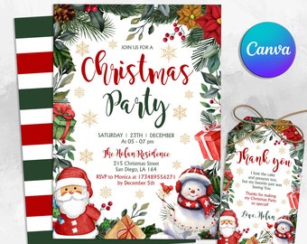 Op de afbeelding: Een kerstfeestuitnodiging met een groen-rode gestreepte achtergrond. De uitnodiging bevat een aquarelillustratie van een sneeuwpop en de kerstman met een krans van groen en rode bessen. De tekst luidt "Join us for a Christmas Party" en bevat de datum, tijd en locatie van het feest. Een gratis bedankkaartje is inbegrepen met de tekst "Thank you" en een aquarelillustratie van een sneeuwpop en de kerstman.