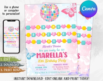 Invitación de In My Birthday Era, invitación a fiesta musical de cumpleaños de adolescente, invitación de pulsera de la amistad, fiesta de Eras púrpura y azul, Canva editable