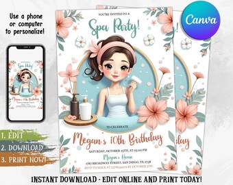 Spa Party Birthday Invitation Template Printable, Pamper Party Birthday Invitation, Editable spa party invitation, Pamper Party, Any Age