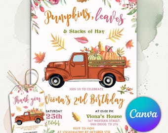 Pumpkin Birthday Invitation, Fall Truck Birthday Party Invite, Autumn Leaves Birthday Theme, Little Pumpkin Party, Editable Canva Template