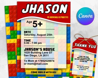 Editable Birthday Party Invitation, Digital Invitation, Birthday Invite, Birthday Thank You Card, Instant Download, Editable with Canva