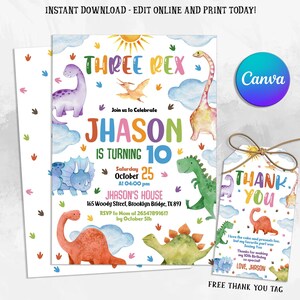 Editable Dinosaur Birthday Invitation, Three Rex Invitation, Dinosaur Invitation, Dinosaur Invite, Three-Rex Birthday, Instant Download
