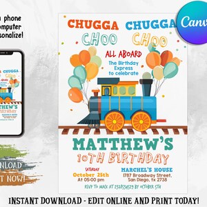 Train Birthday Invitation, Chugga Chugga, Choo Choo Invitation, Train Invitation for Any Age, Watercolor Train Birthday Invitation, Editable