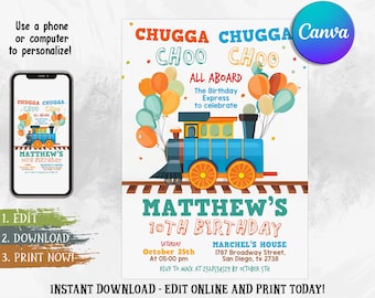 Train Birthday Invitation, Chugga Chugga, Choo Choo Invitation, Train Invitation for Any Age, Watercolor Train Birthday Invitation, Editable