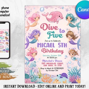 Dive Into Five Mermaid Invitation, Mermaid Bash Under The Sea Birthday Invite, Pastel Mermaid Invitation, Pink Girl Birthday Invite, Any Age