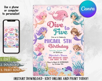 Dive Into Five Mermaid Invitation, Mermaid Bash Under The Sea Birthday Invite, Pastel Mermaid Invitation, Pink Girl Birthday Invite, Any Age