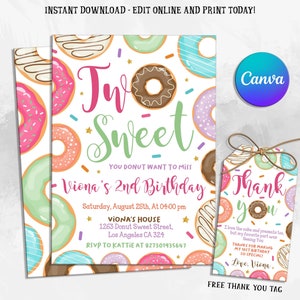 K&ouml;nnte beinhalten: Eine Donut-Motto-Geburtstagseinladung mit dem Titel "Two Sweet" in Pink und Gr&uuml;n und einem Dankesch&ouml;n-Anh&auml;nger mit dem Text "Thank you" und "Love, Viena".