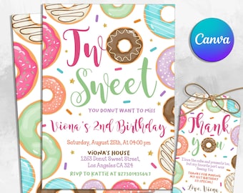 Editable Donut Invitation, Two Sweet Invitation, Donut 2nd Birthday Invite, Donut Thank you tag, Editable Printable