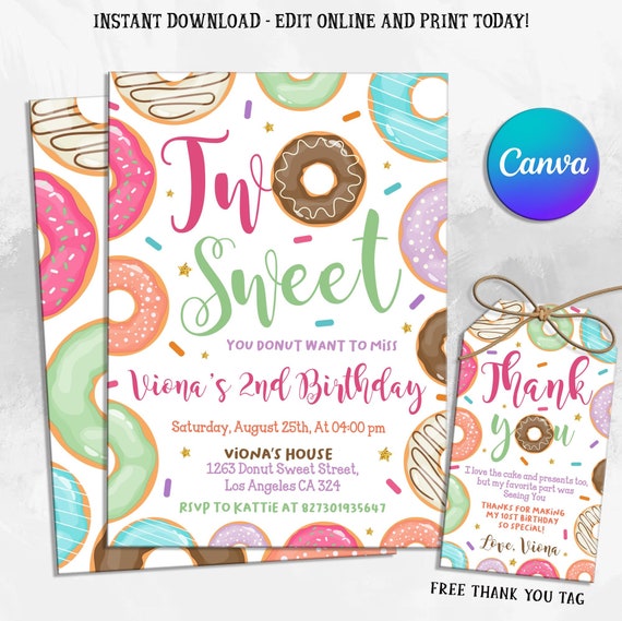 Editable Donut Invitation, Two Sweet Invitation, Donut 2nd Birthday Invite, Donut Thank you tag, Editable Printable