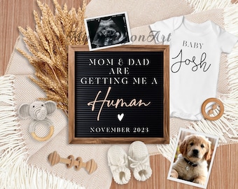 May include: A black letter board with the text "Mom & Dad are getting me a human November 2023". A white onesie with the text "Baby Josh" is next to the letter board. A brown wooden rattle, a white crocheted elephant rattle, and a white crocheted baby shoe are also in the image.