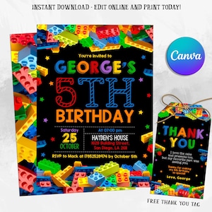 May include: A printable birthday invitation and thank you tag featuring a black background with colorful Lego blocks. The invitation says "You're invited to George's 5th Birthday" and includes details for the party. The thank you tag says "Thank You" and includes a message from George.
