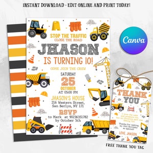 Editable Construction Birthday Party Invitation Template, Construction Invitation Template, Construction thank you tag