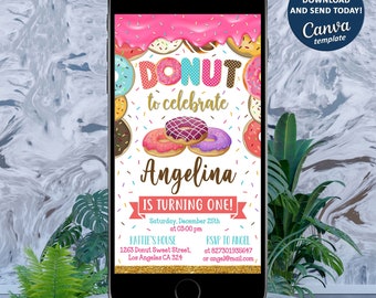 Donut elektronische uitnodiging, donut verjaardagsuitnodiging, donut verjaardagsfeestje uitnodiging, elke leeftijd donut verjaardagsfeestje uitnodigen