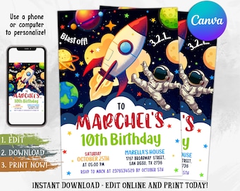 Invito per festa di compleanno nello spazio, invito per festa galattica, astronauta nello spazio, invito per lancio galattico, modello Canva modificabile