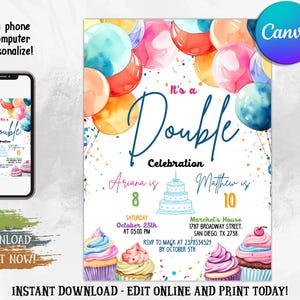 Double Birthday Invitation, Sibling Birthday Party, Joint Birthday Invitation, Digital Download, Editable Printable