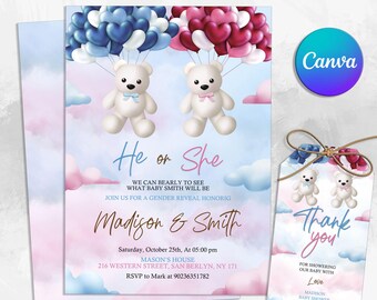 Editable Bears Gender Reveal Invitation, Baby Boy Or Girl Party Invite Template, He Or She, Boho Watercolor Bear with Balloons